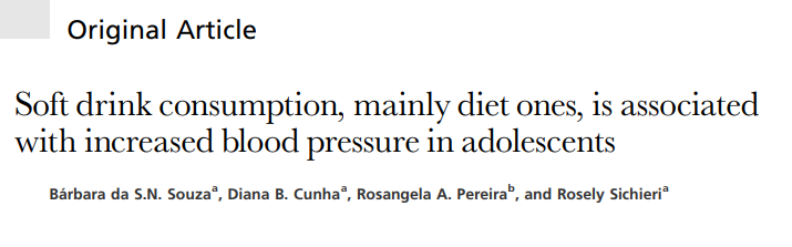Soft drink consumption, mainly diet ones, is associated with increased blood pressure in adolescents.